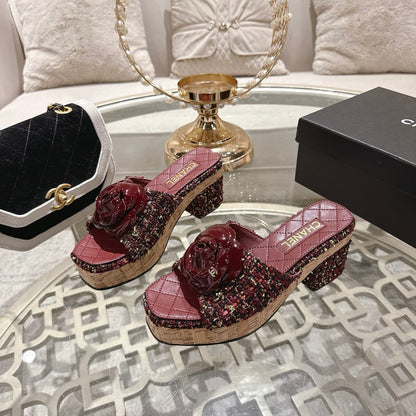 CC 26s Camellia Platform Slippers 65 Burgundy Multicolor Tweed Leather 627053