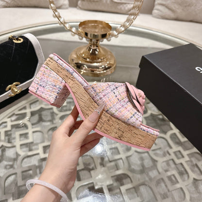 CC 26s Camellia Platform Slippers 65 Pink Tweed Leather 627057