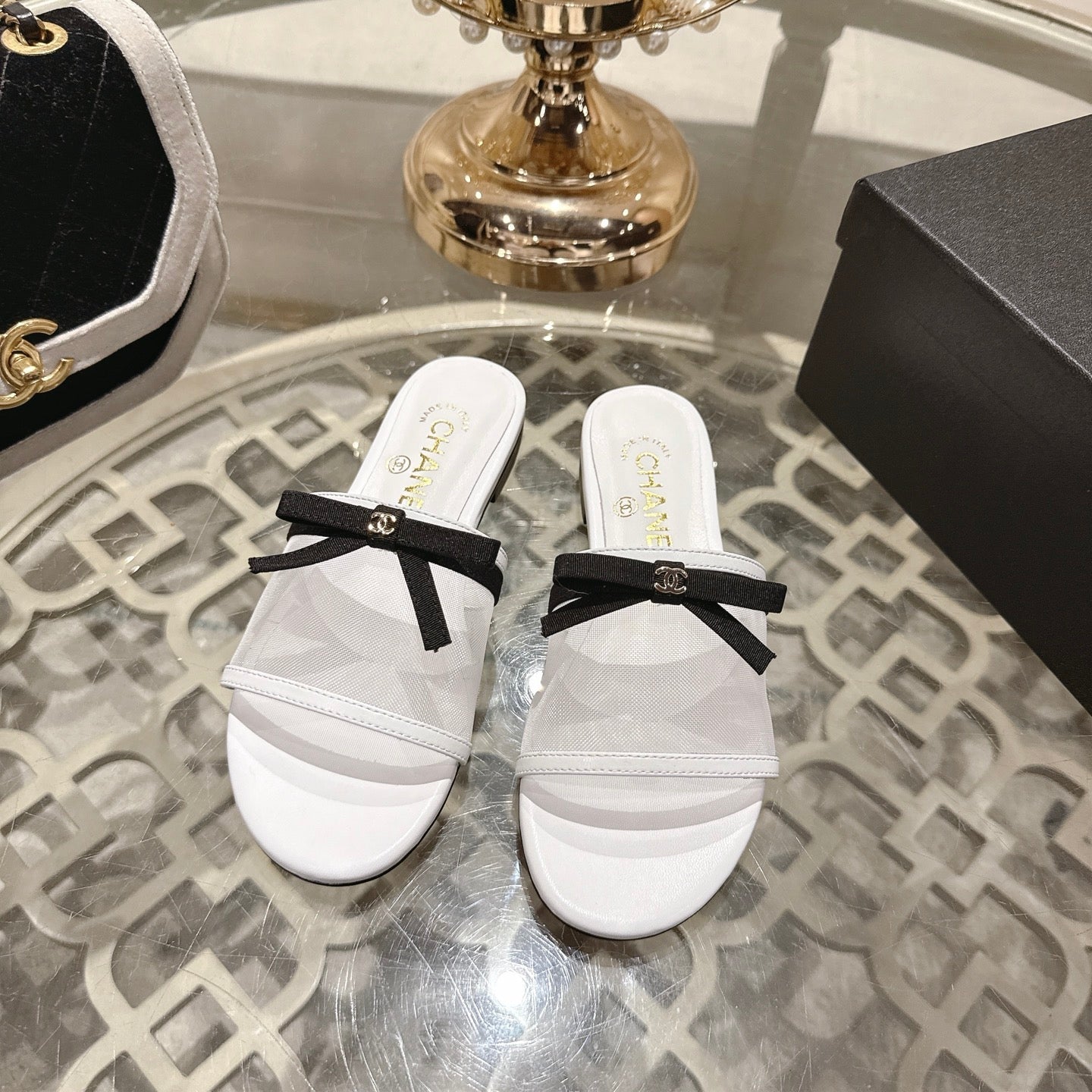 CC 26s Chunky Heel Sandals White Mesh Sheepskin 627066