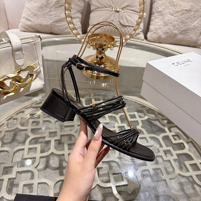 Celine Clémence Heeled Sandal 4cm Black Sheepskin 941494