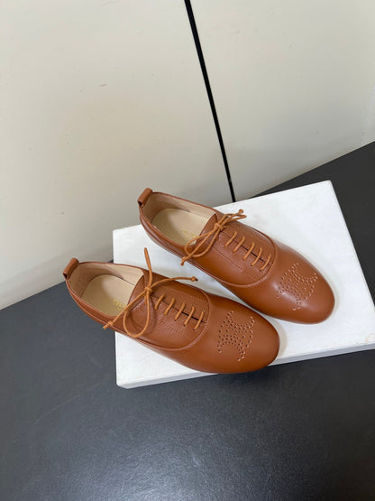 Celine 25 Lise Perforated Triomphe Richelieu Shoe Brown Lambskin 619646