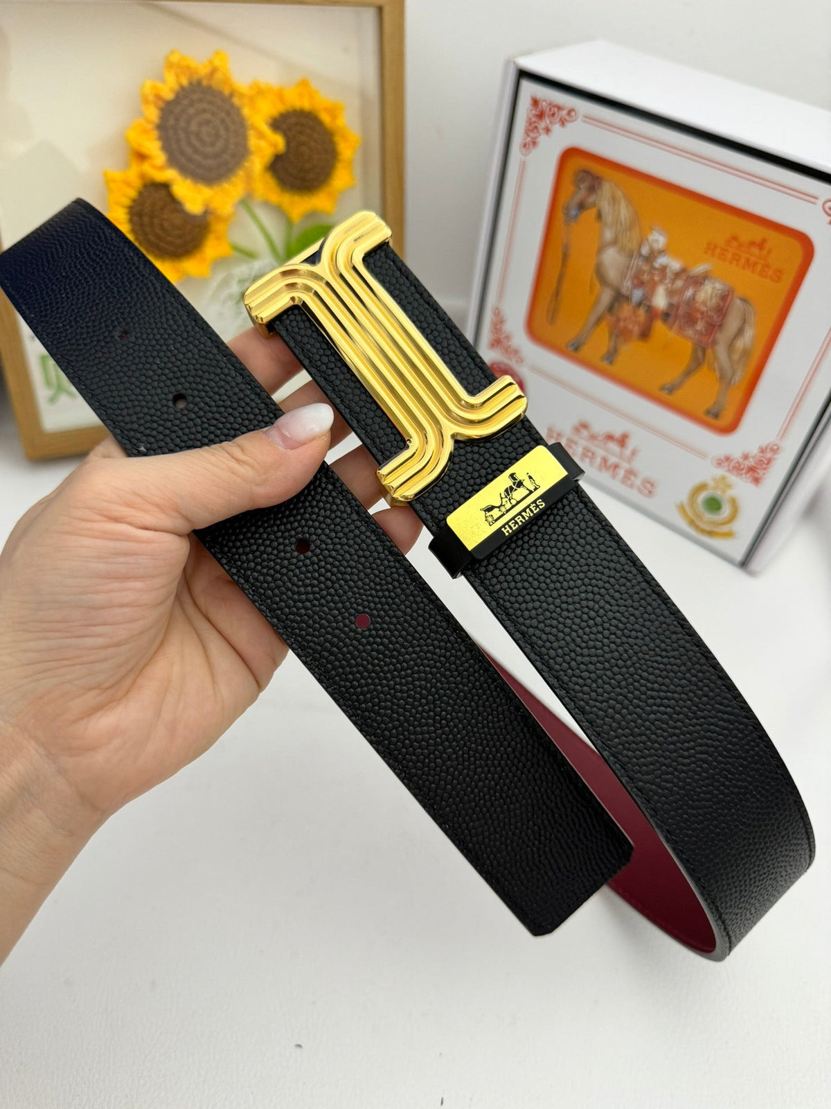 HM Belt 38mm Black Red Cowhide Leather Gold Buckle 619014