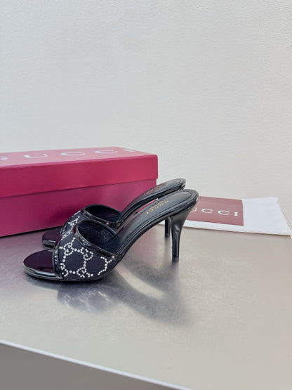 Gucci 2026 Erin GG Embellished Leather-trimmed Mules Black Mesh Leather