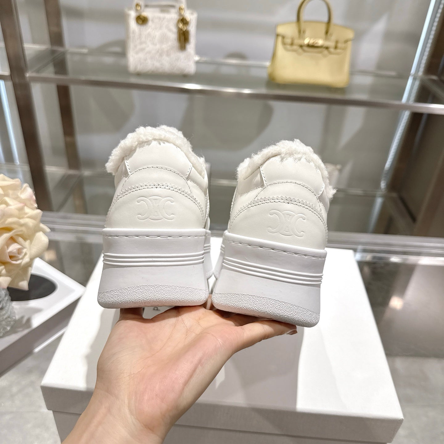Celine Block Triomphe Leather Wedge Sneakers 50mm White Calfskin Fur