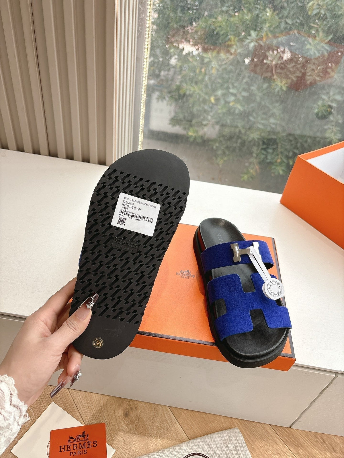HM 25 Chypre Sandal Blue Suede Calfskin Silver H