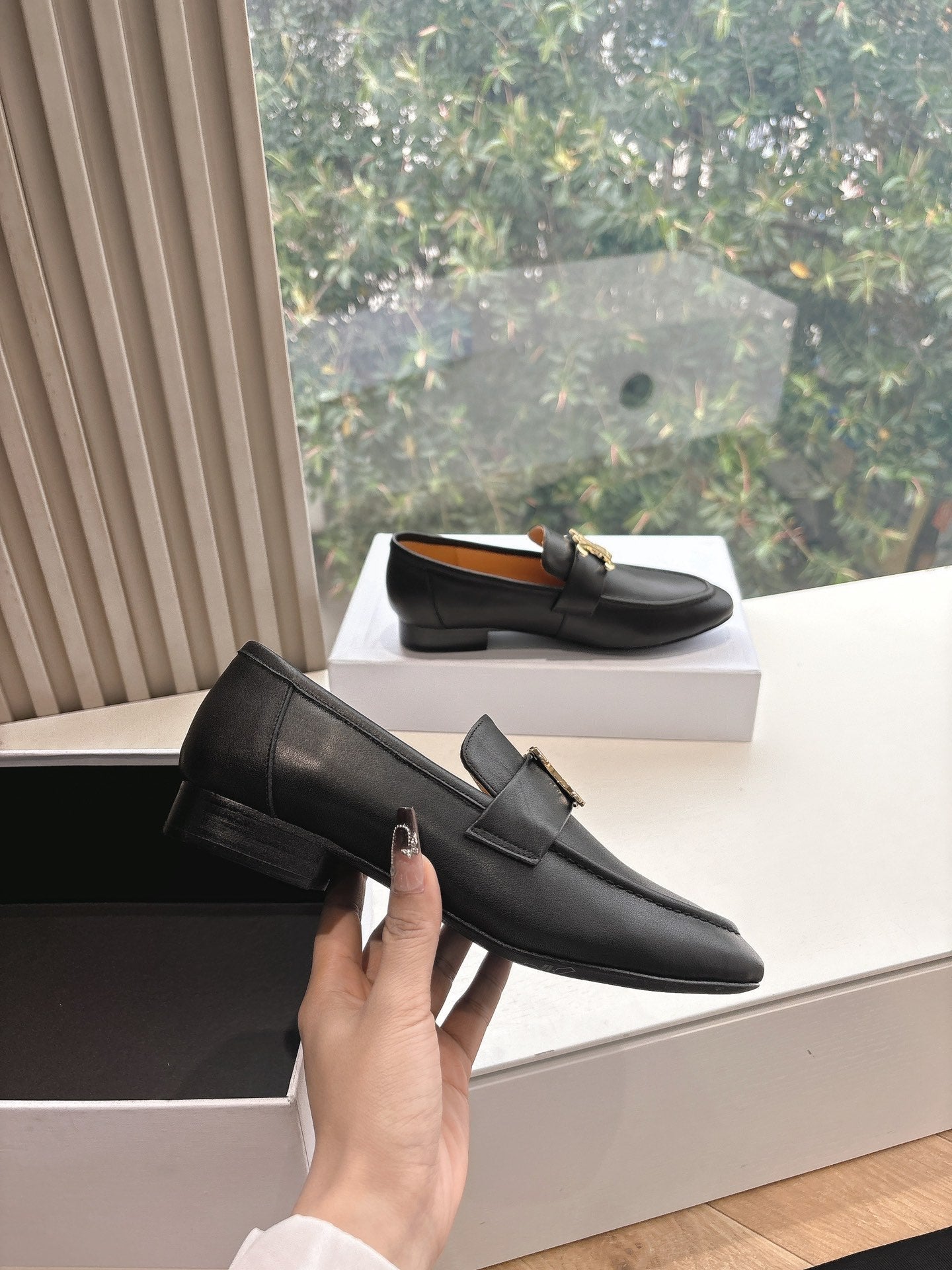 CELINE Buckle Triomphe Loafers Black Leather
