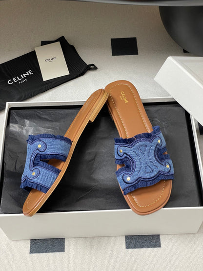 CL Marina Fringed Flat Mule In Blue Denim 319736