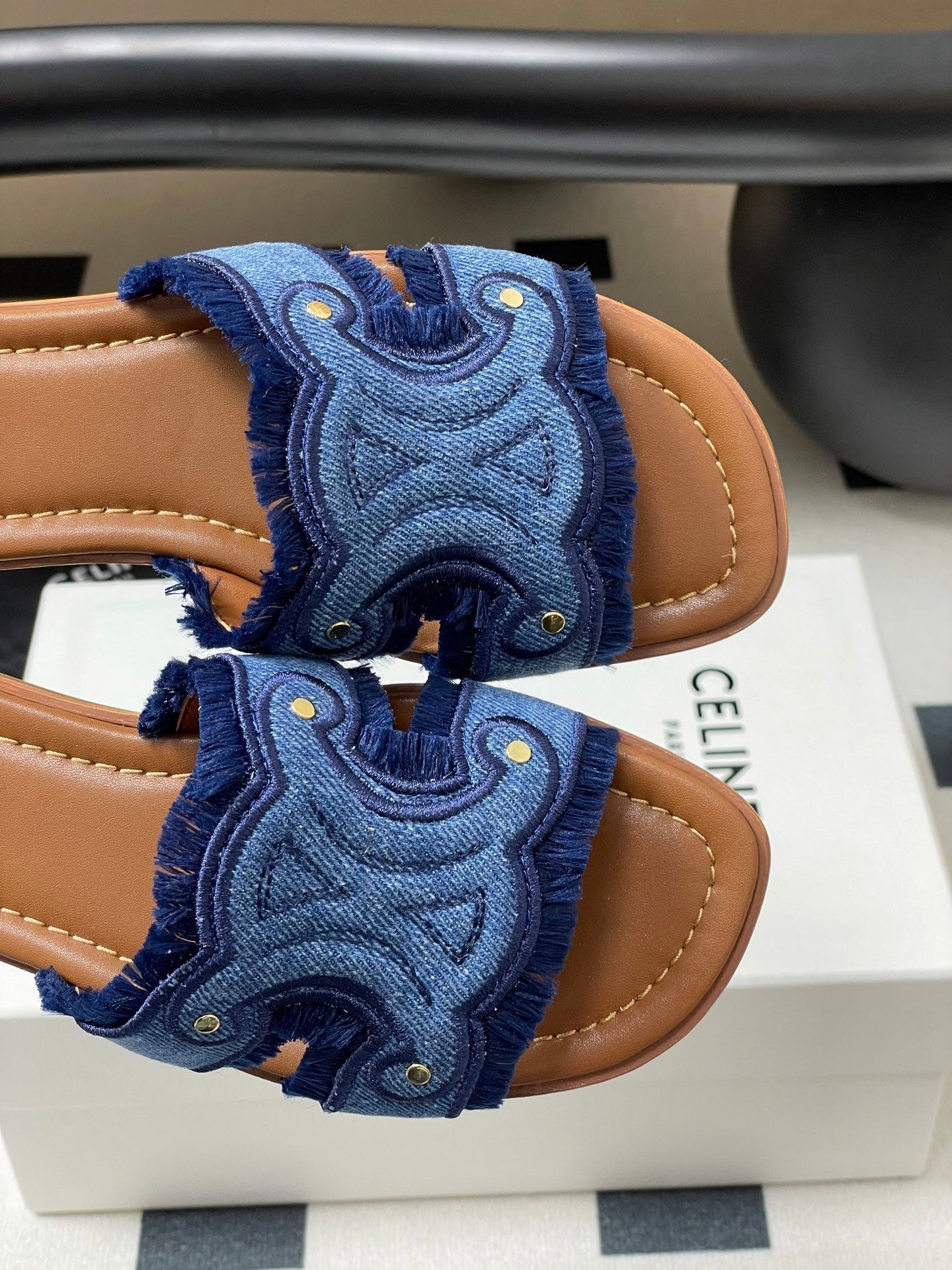 CL Marina Fringed Flat Mule In Blue Denim 319736