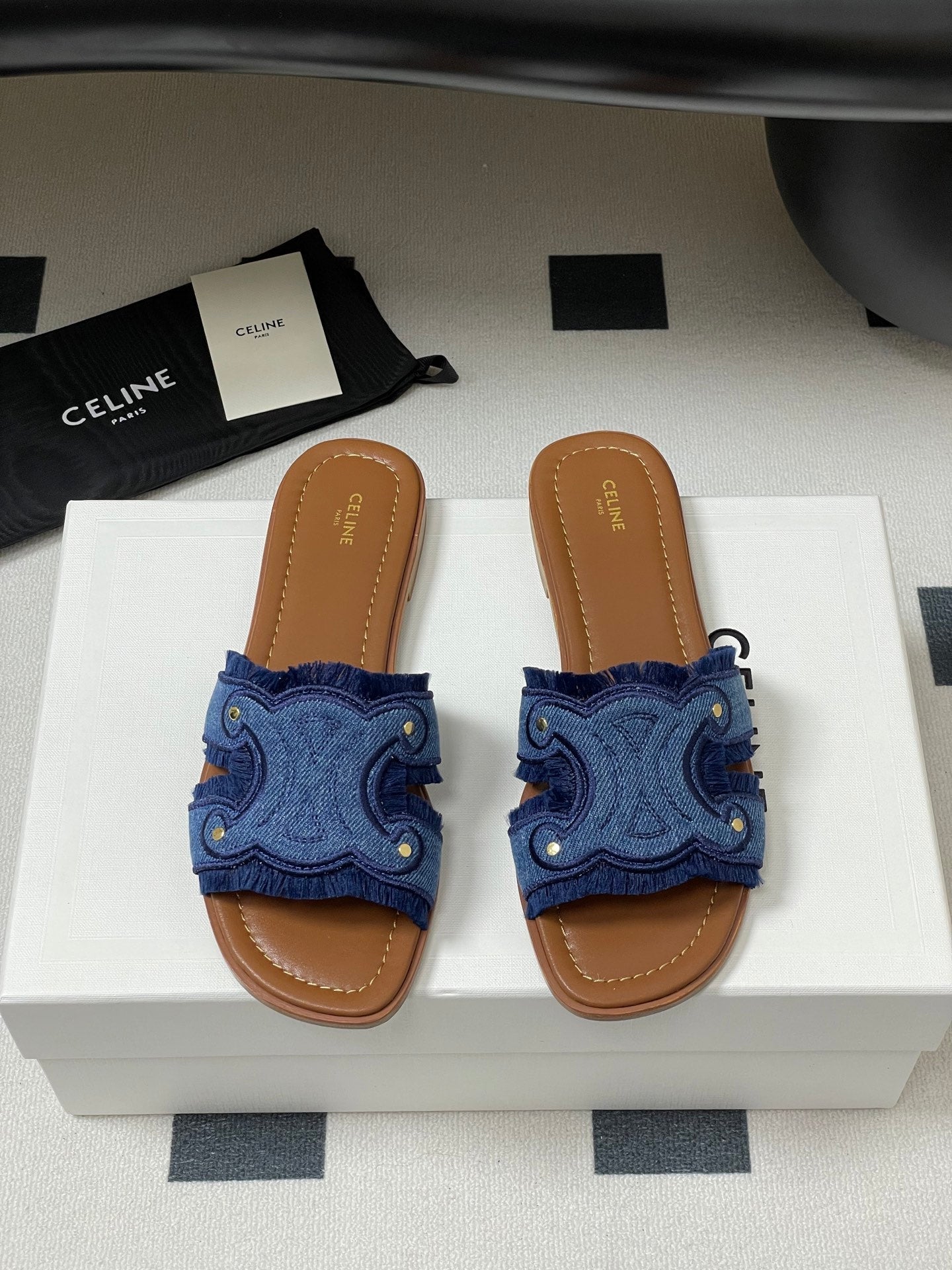 CL Marina Fringed Flat Mule In Blue Denim 319736