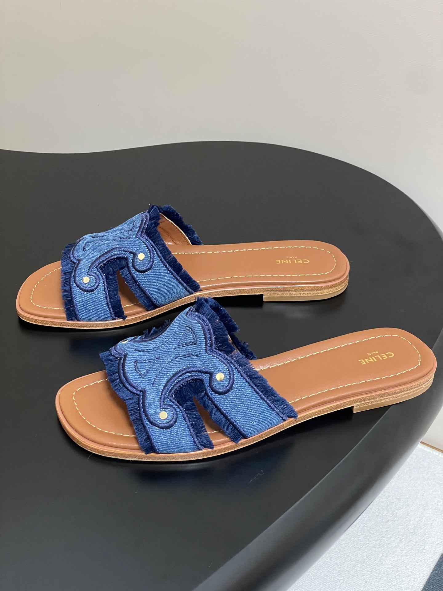 CL Marina Fringed Flat Mule In Blue Denim 319736