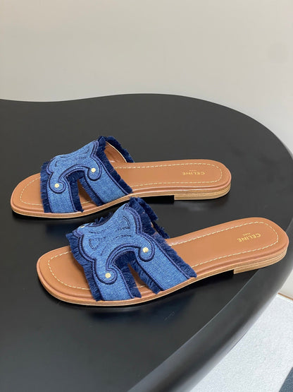 CL Marina Fringed Flat Mule In Blue Denim 319736