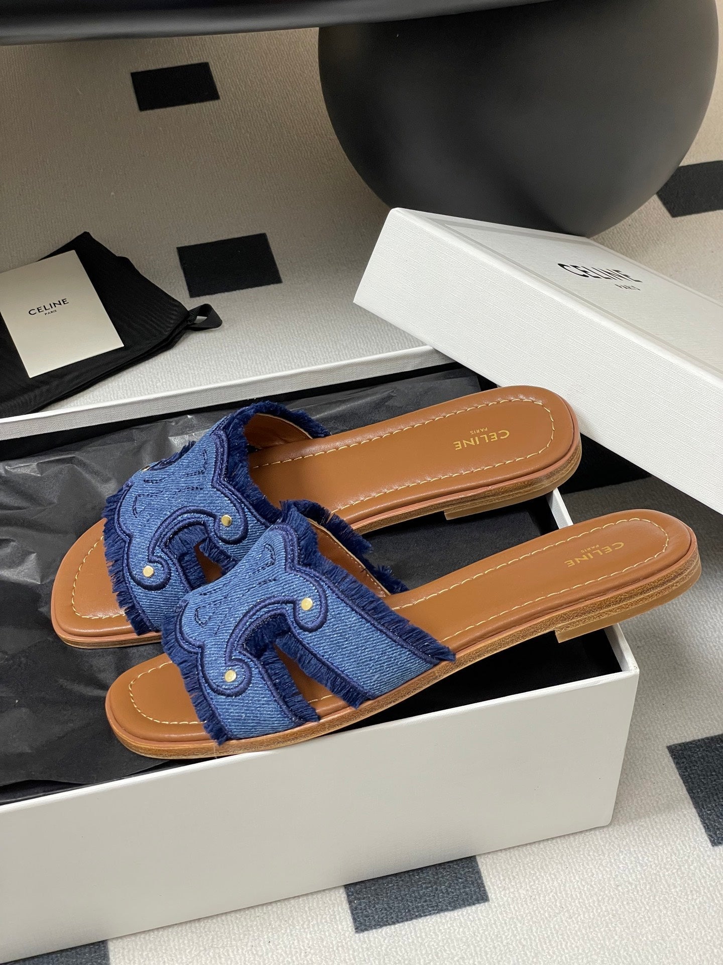 CL Marina Fringed Flat Mule In Blue Denim 319736