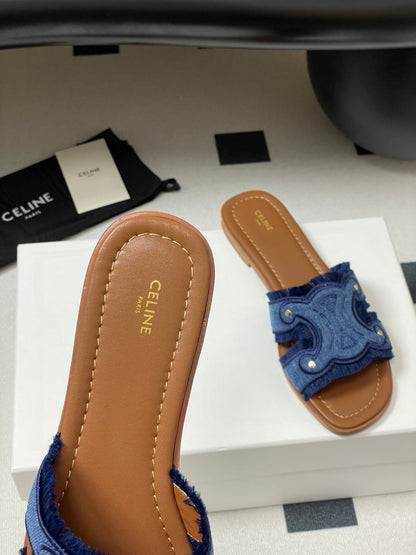 CL Marina Fringed Flat Mule In Blue Denim 319736
