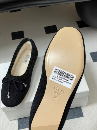 Celine 26s Ballet Flats In Black Wool With Bow Style 1