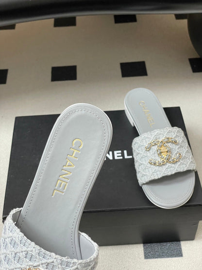 CC 26s Flat Slippers Gray Fabric Sheepskin 649489