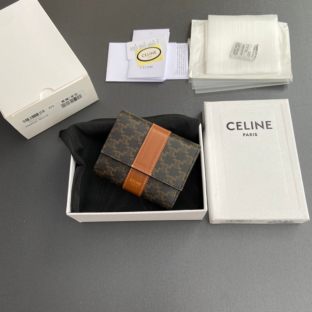 TRIOMPHE Tri-fold Wallet Tan Grain Cowhide