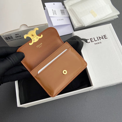 TRIOMPHE 10i583 Flap Card Holder Tan Shiny Cowhide