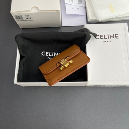TRIOMPHE 10i583 Flap Card Holder Tan Shiny Cowhide