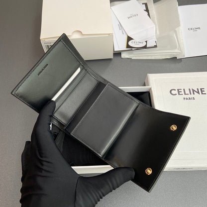 TRIOMPHE Tri-fold Wallet Black Grain Cowhide