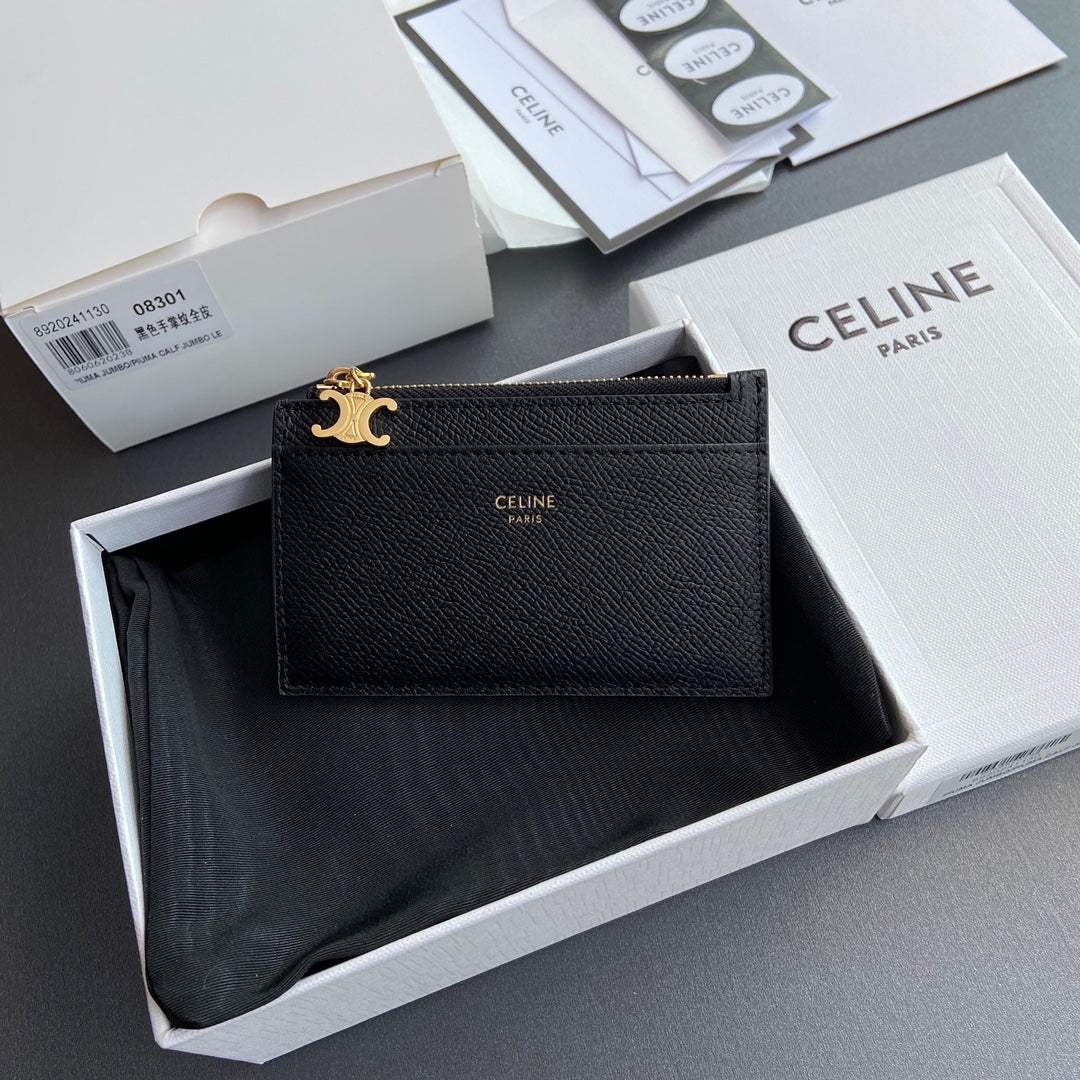 TRIOMPHE Zipped Card Holder Charms Black Grained Cowhide