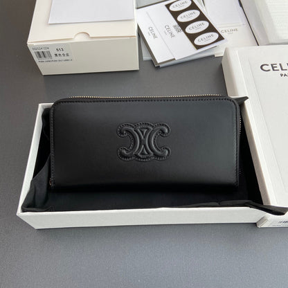 TRIOMPHE Long Zipper Closure Bag Black Shiny Cowhide