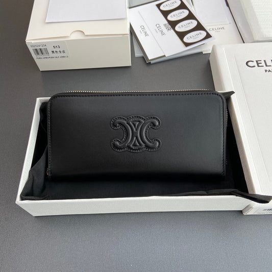 TRIOMPHE Long Zipper Closure Bag Black Shiny Cowhide