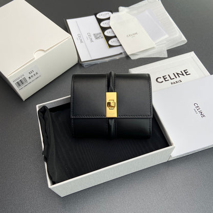 TRIOMPHE 16 Small Trifold Wallet Black Cowhide Leather