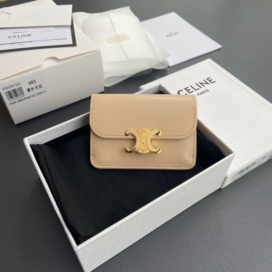 TRIOMPHE 10i583 Flap Card Holder Beige Shiny Cowhide