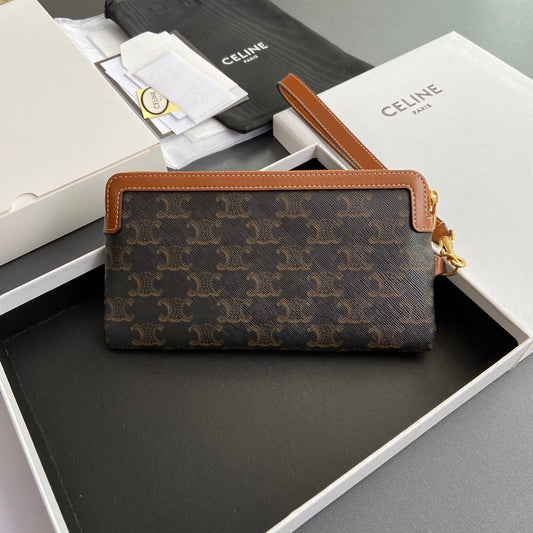 TRIOMPHE Long Pouch With Strap Tan Canvas & Calfskin