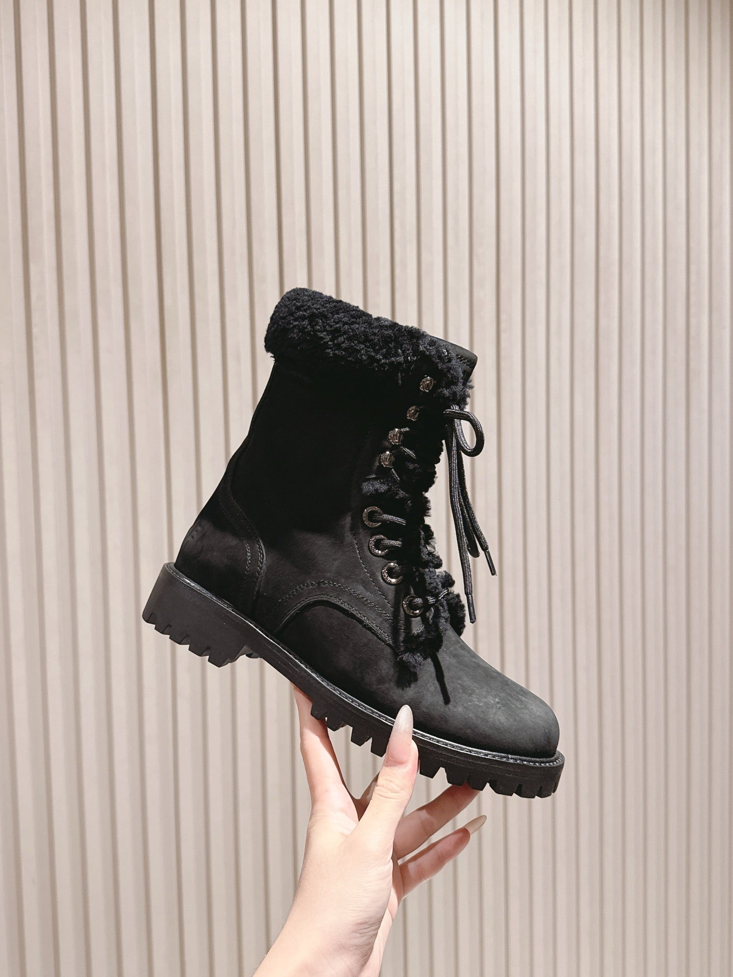 CELINE Kurt Lace-Up Mid Boot Black Nubuck Calfskin And Shearling 452787