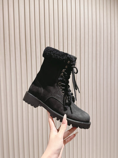 CELINE Kurt Lace-Up Mid Boot Black Nubuck Calfskin And Shearling 452787