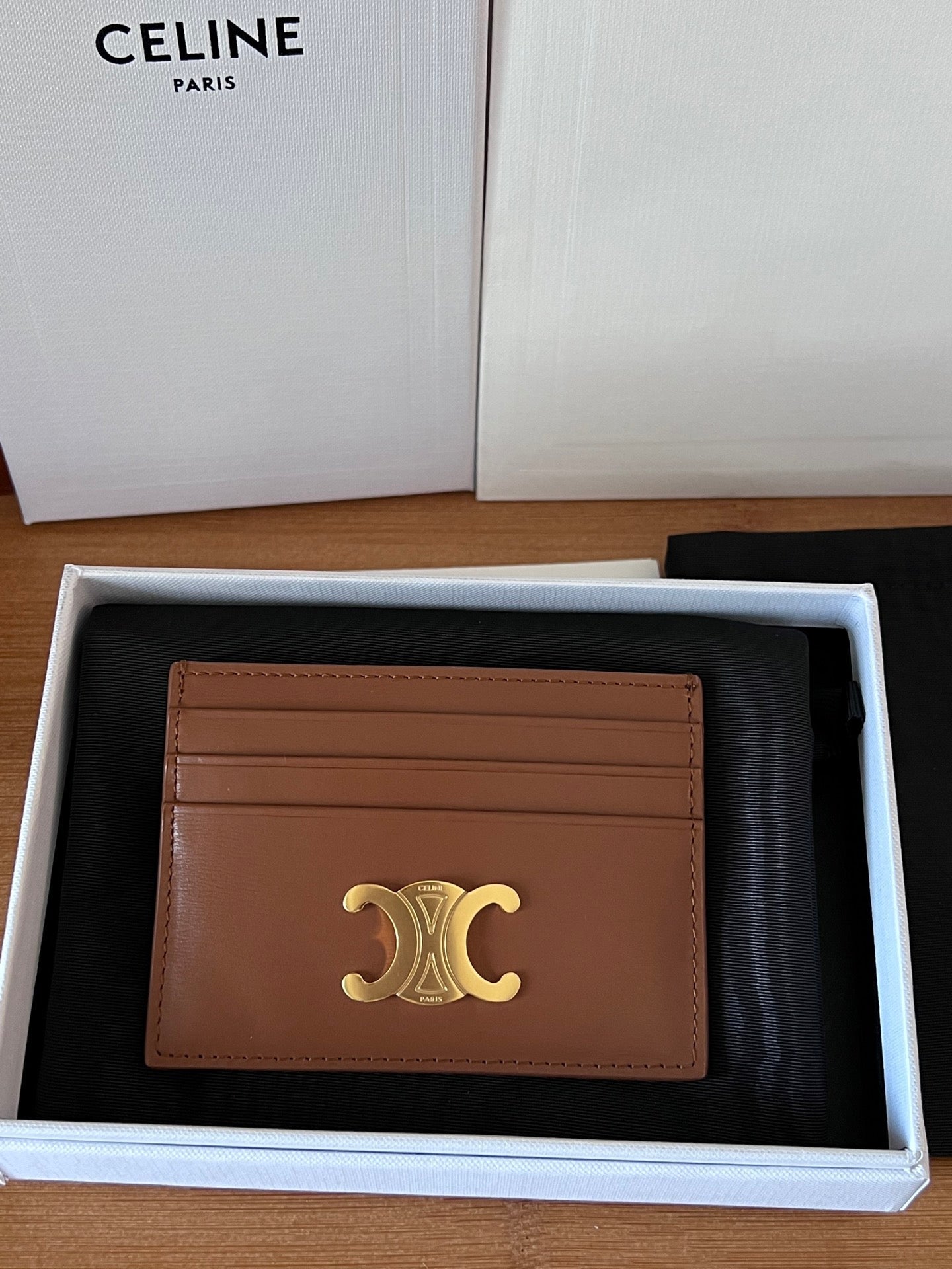 TRIOMPHE Card Holder Tan Cowhide& Fabric GHW