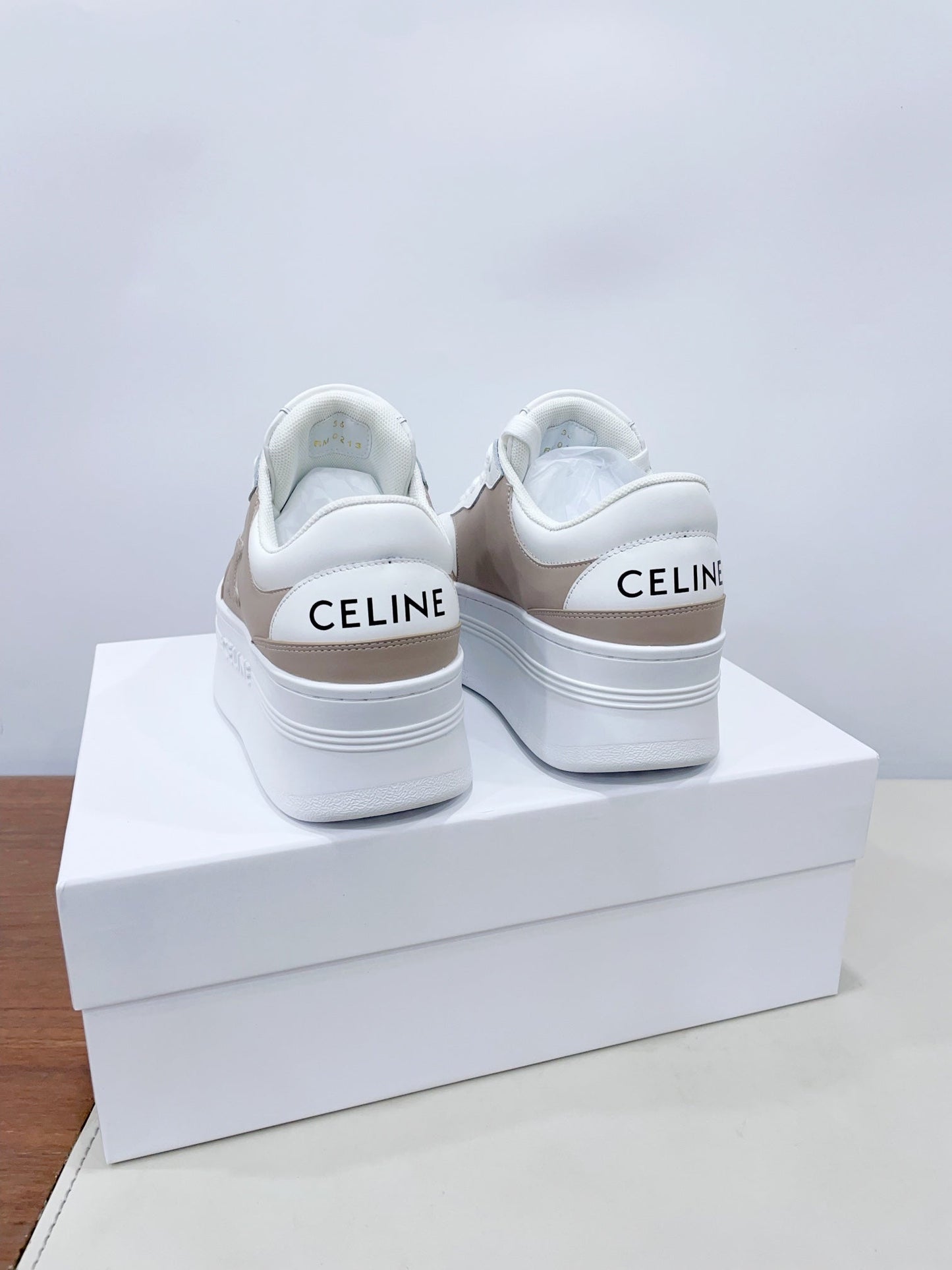 CELINE 25C Block Sneaker White mix Khaki Brown Calfskin 231996
