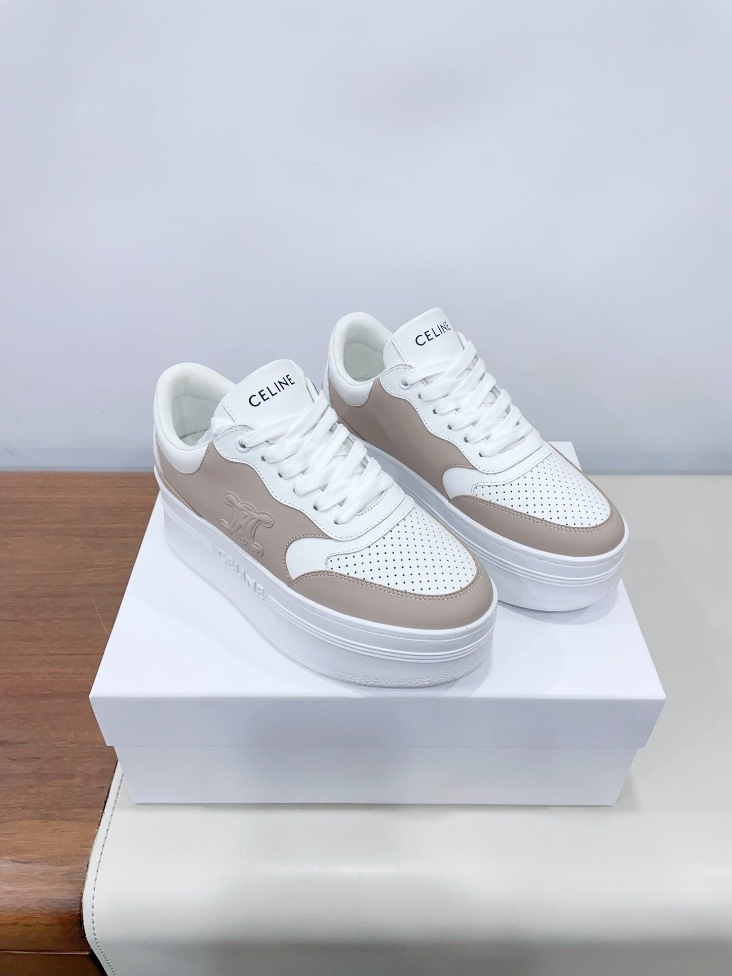 CELINE 25C Block Sneaker White mix Khaki Brown Calfskin 231996