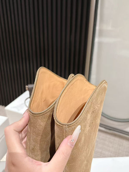 CELINE 25 Mid Calf Cowboy Boots Light Brown Suede