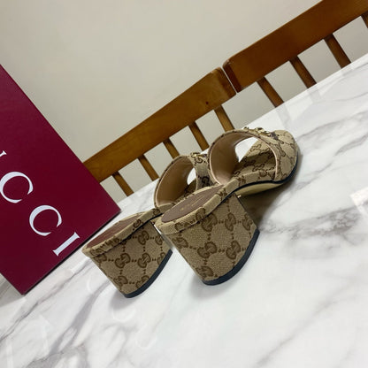 GG 26SS Chunky Heeled Sandals 65 Beige Brown Canvas Leather 640622
