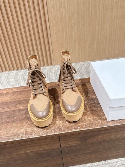 Celine 25 Bulky Lace-up Boot Tan Canvas Calfskin 554014