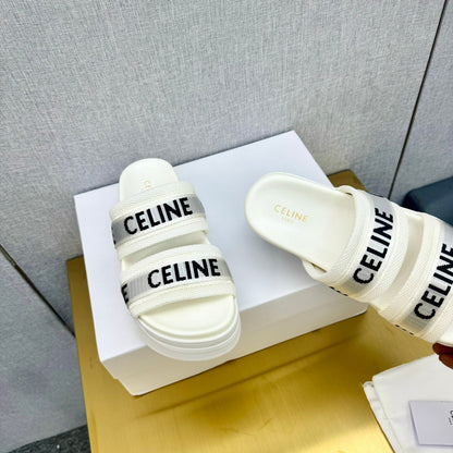 Celine Flatform Dad Sandal Mule White Fabric with Rubber 238141