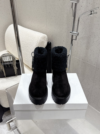 Celine 25 Fur-lined Ankle Boot Black Suede Wool 554186