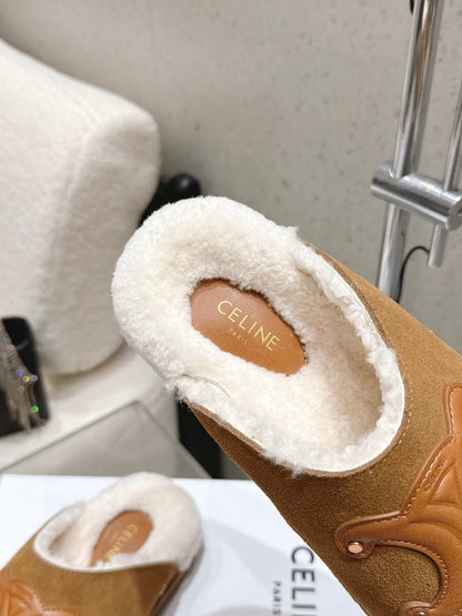 Celine Pitea Clogs Brown Suede Calfskin Shearling 610960
