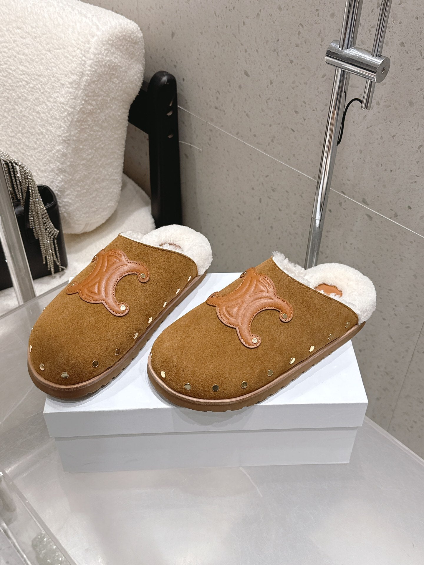 Celine Pitea Clogs Brown Suede Calfskin Shearling 610960