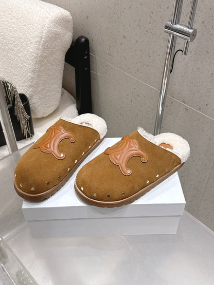 Celine Pitea Clogs Brown Suede Calfskin Shearling 610960