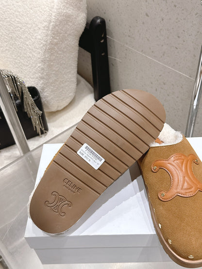 Celine Pitea Clogs Brown Suede Calfskin Shearling 610960