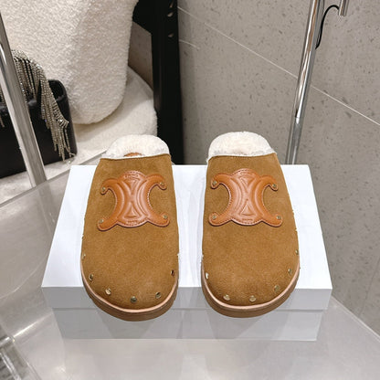Celine Pitea Clogs Brown Suede Calfskin Shearling 610960
