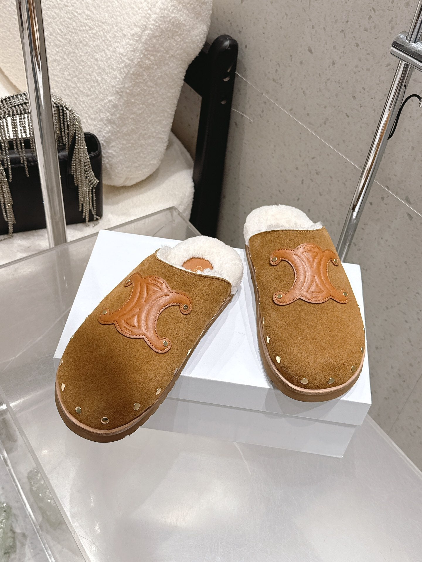 Celine Pitea Clogs Brown Suede Calfskin Shearling 610960