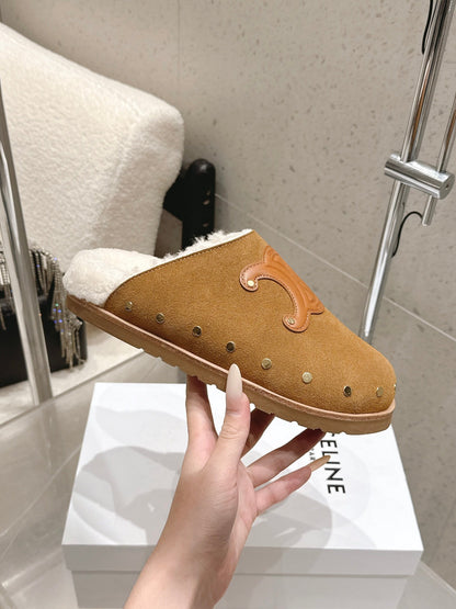 Celine Pitea Clogs Brown Suede Calfskin Shearling 610960