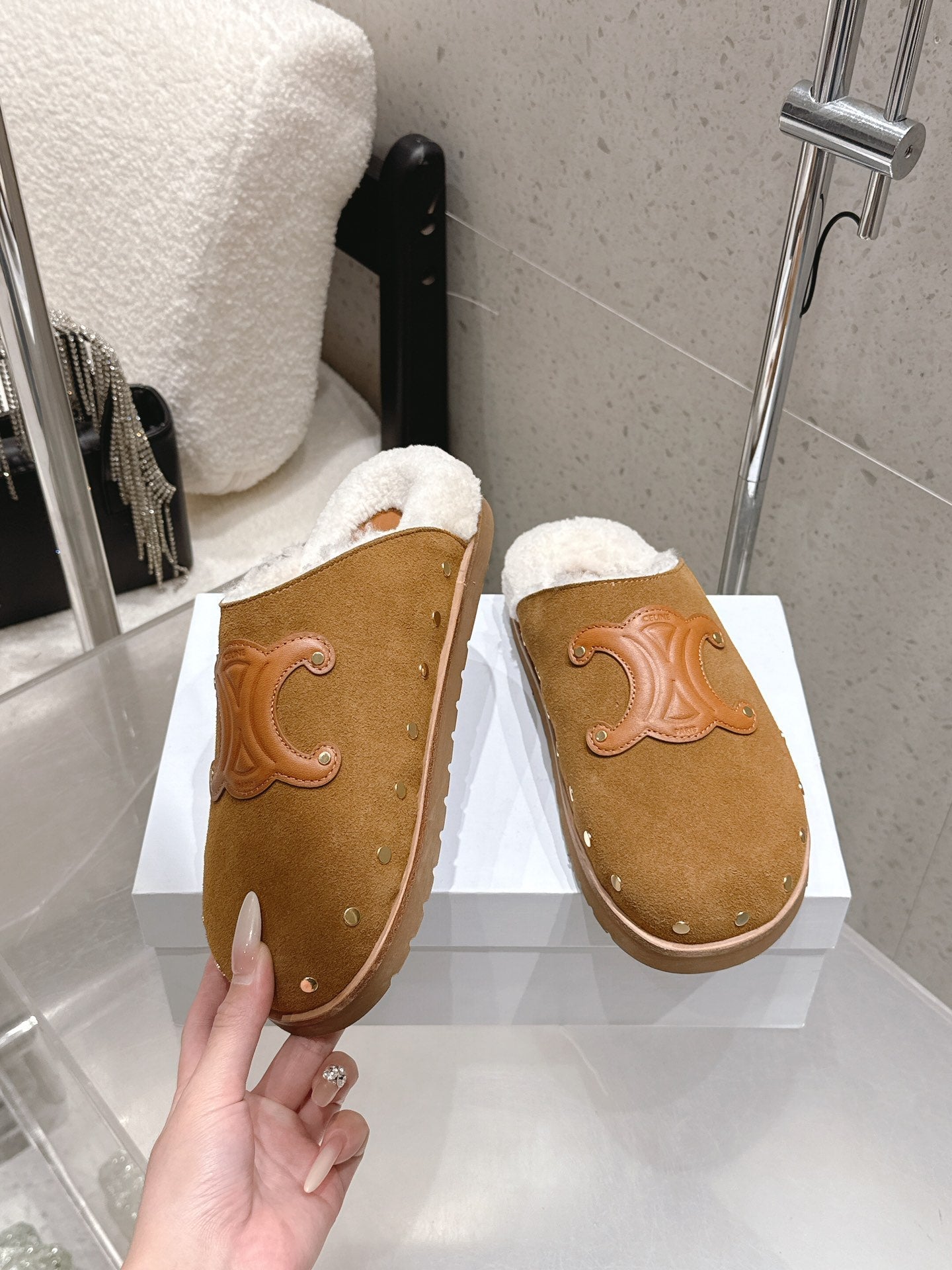 Celine Pitea Clogs Brown Suede Calfskin Shearling 610960