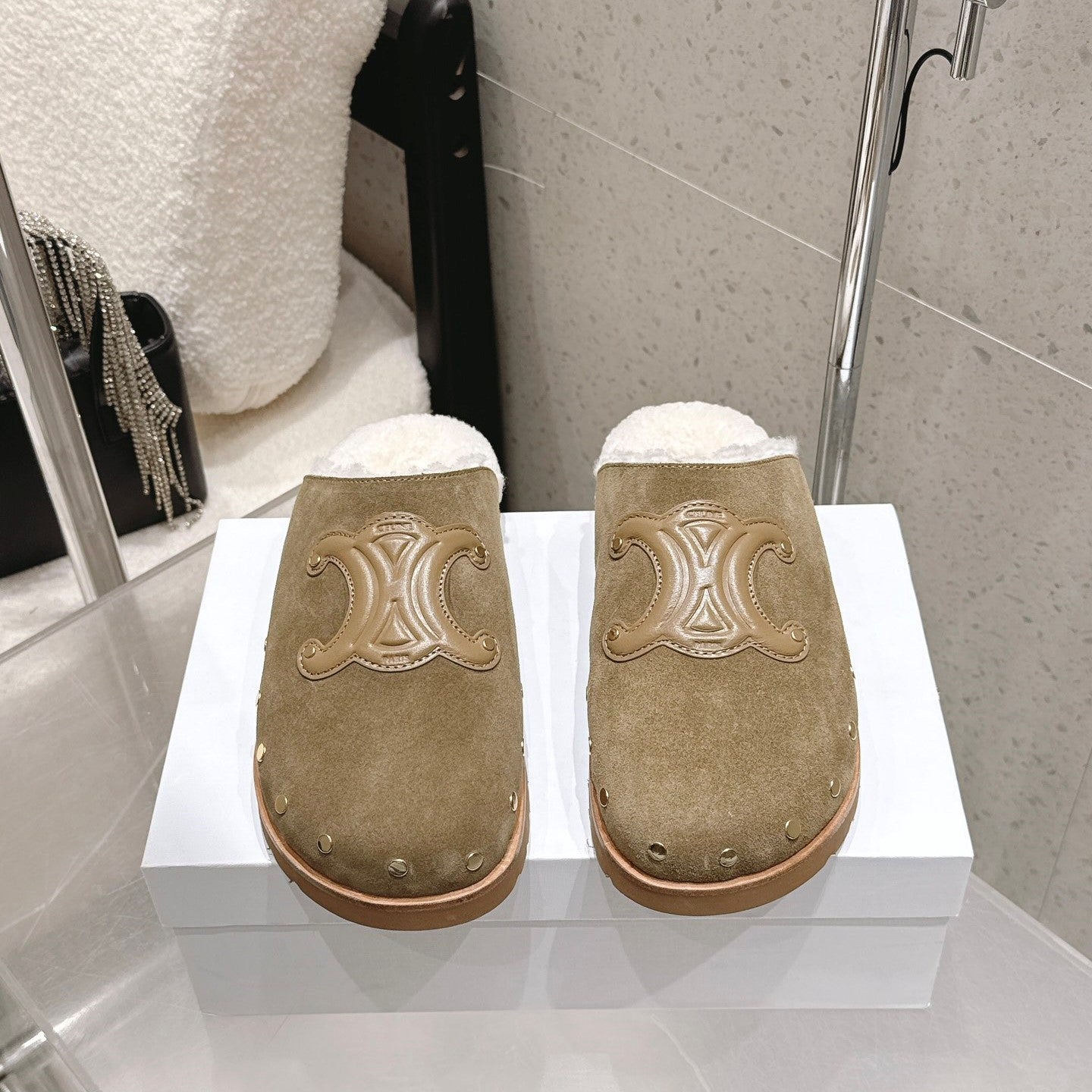 Celine Pitea Clogs Taupe Suede Calfskin Shearling 610961