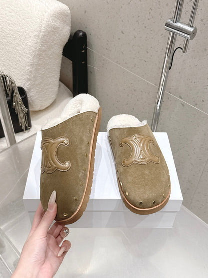 Celine Pitea Clogs Taupe Suede Calfskin Shearling 610961