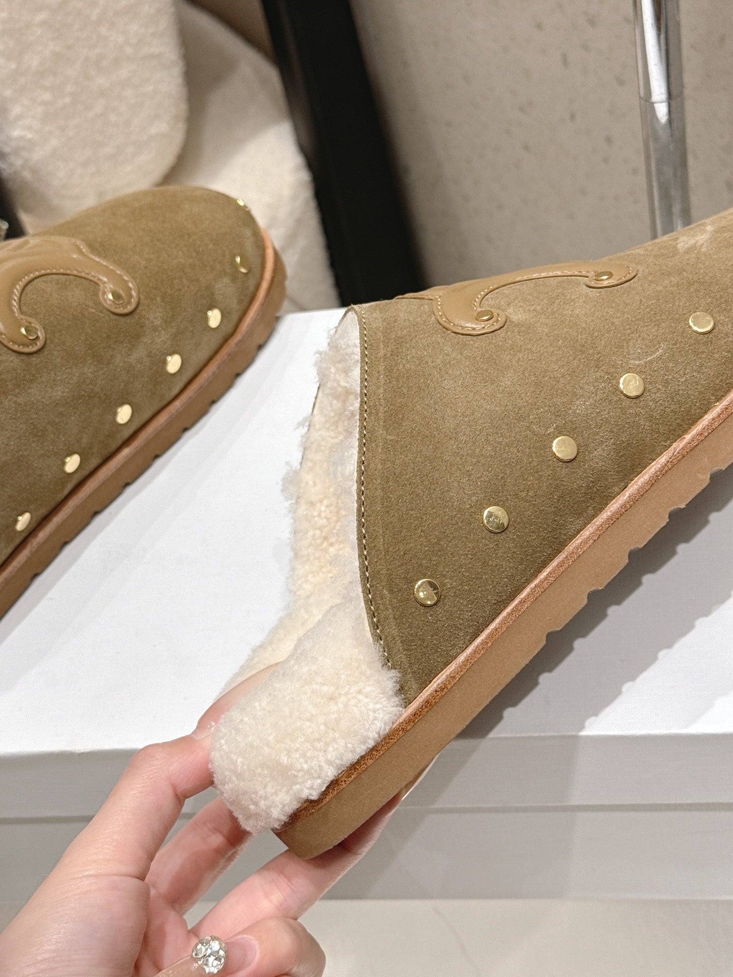 Celine Pitea Clogs Taupe Suede Calfskin Shearling 610961